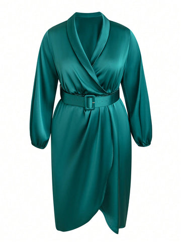 Plus Shawl Collar Wrap Hem Belted Satin Dress