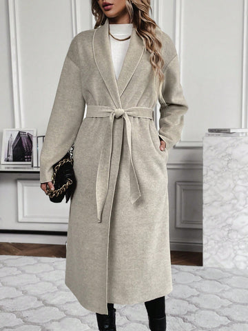 Drop Shoulder Belted Overcoat Without Sweater