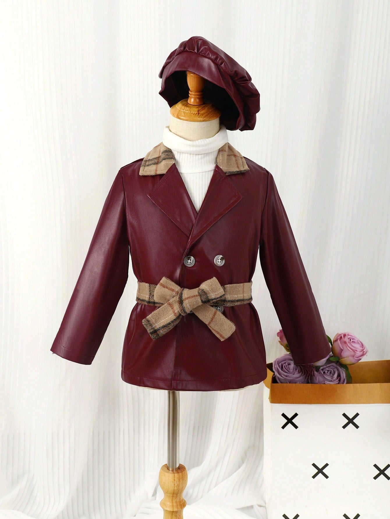 Young Girl Double Breasted Belted PU Coat & Hat