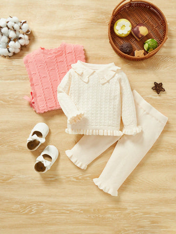 Baby Girl Frill Trim Sweater & Sweater Vest & Flare Leg Knit Pants