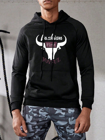 Men Bull & Letter Graphic Kangaroo Pocket Drawstring Sports Hoodie