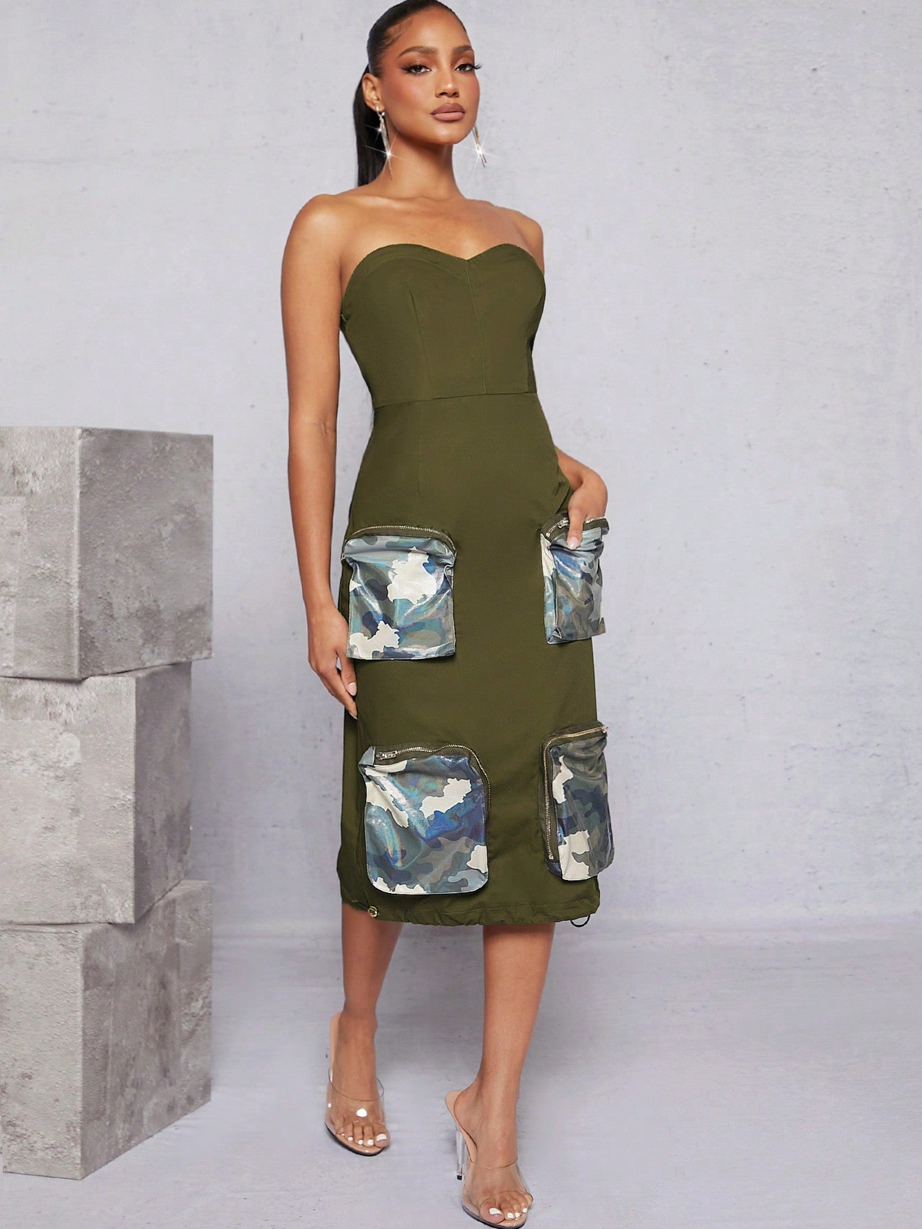 Camo Print Zipper Pocket Tube Dress