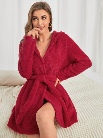 Solid Belted Hooded Teddy Robe