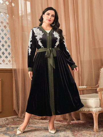 Plus Floral Embroidery Belted Velvet Dress