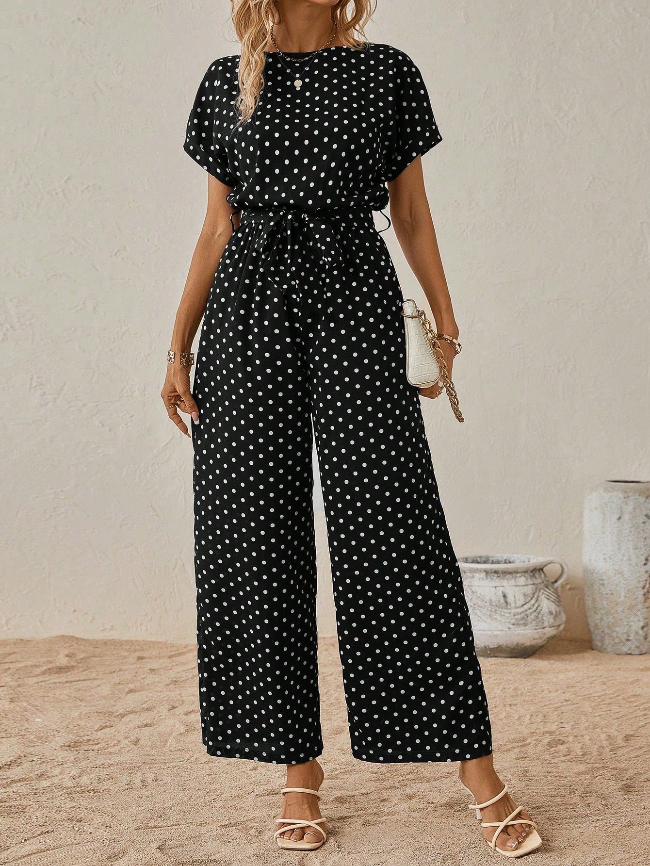 Polka Dot Print Batwing Sleeve Belted Wide Leg Jumpsuit