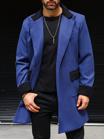 Men's Turn-Down Collar Color-Block Double-Pocket Front-Open Woolen Coat