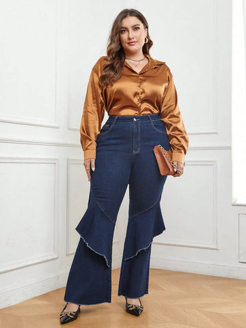 Plus High Waist Ruffle Trim Flare Leg Jeans