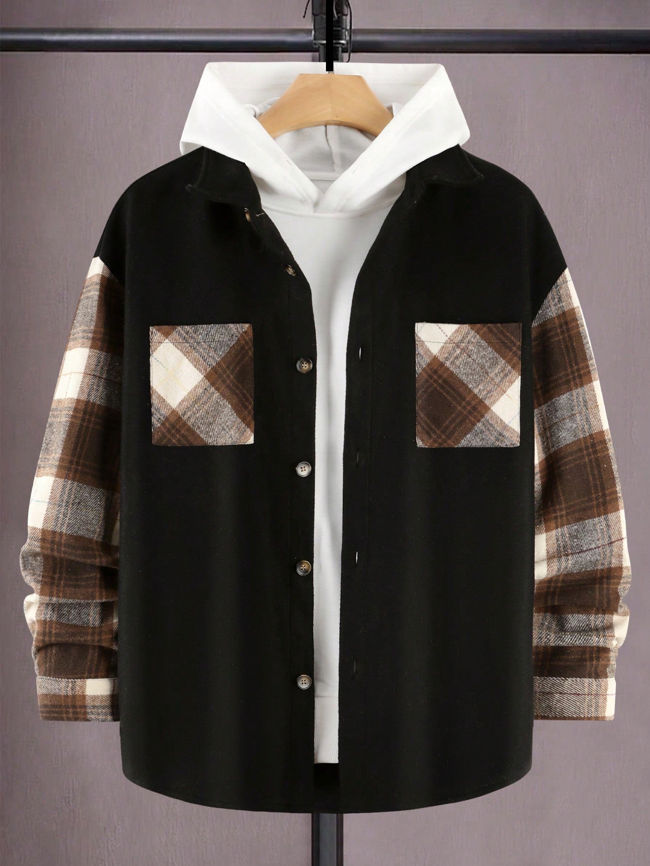 Men Contrast Plaid Print Drop Shoulder Overcoat Without Hoodie