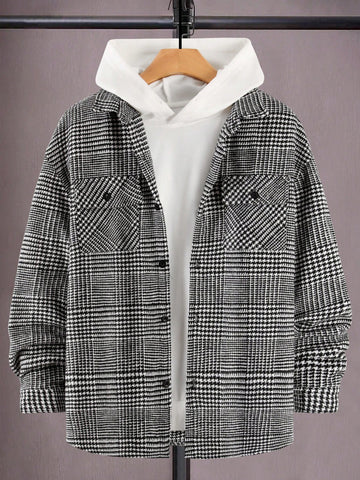 Men Plaid & Houndstooth Print Flap Pocket Overcoat Without Hoodie