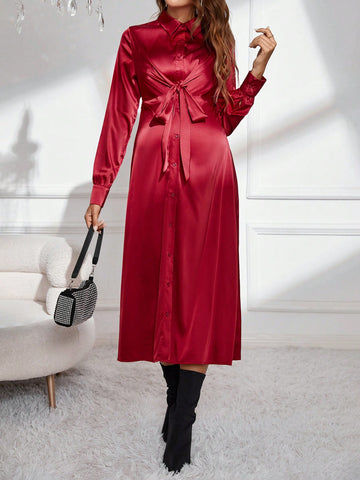 Maternity Solid Knot Front Satin Shirt Dress