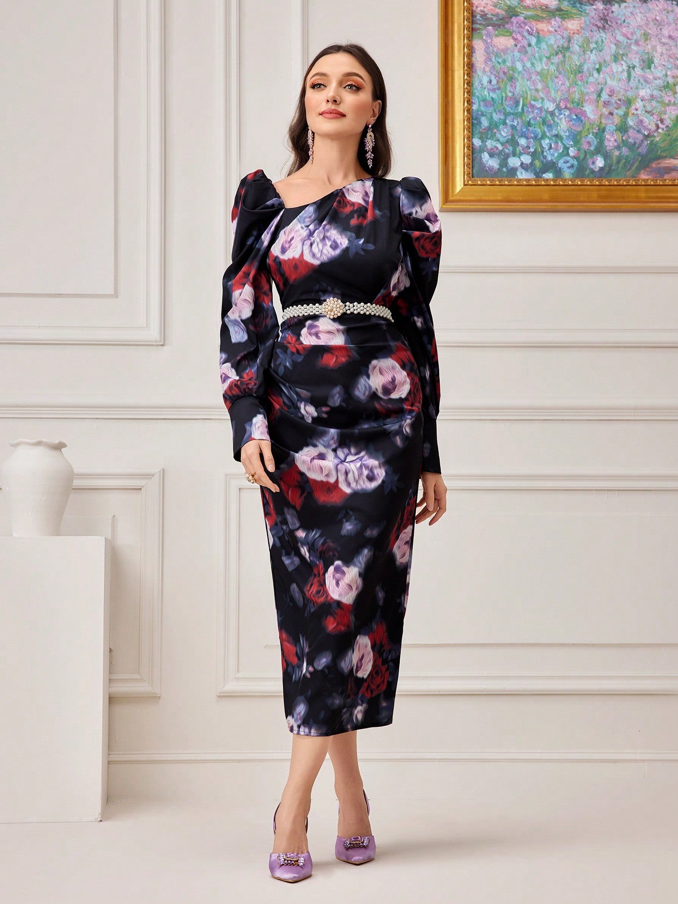 Floral Print Asymmetrical Neck Gigot Sleeve Split Back Dress Without Belt