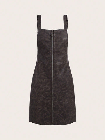 Zip Up PU Leather Overall Dress Without Tee