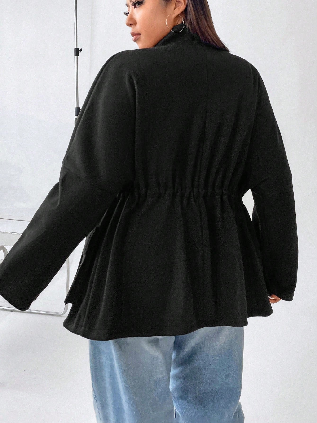 Plus Flap Pocket Drawstring Waist Drop Shoulder Overcoat