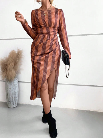 Striped Print Ruched Side Wrap Hem Dress