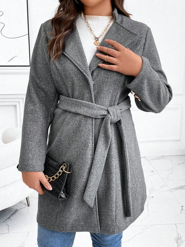 Plus Button Placket Belted Overcoat