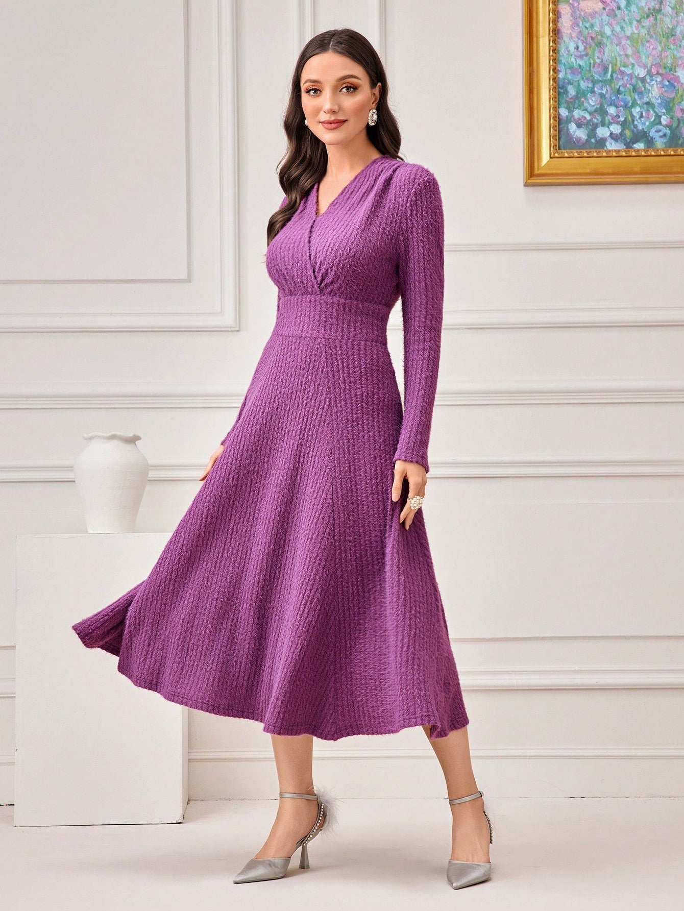 Surplice Neck Solid A-line Dress