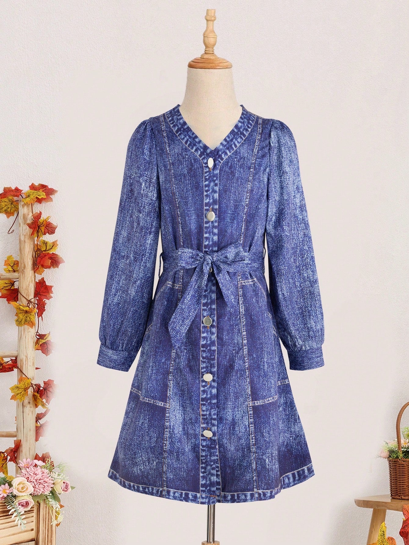 Tween Girl Button Through Belted Denim-Effect Print Dress