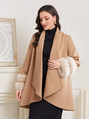 Fuzzy Cuff Belted Wrap Overcoat