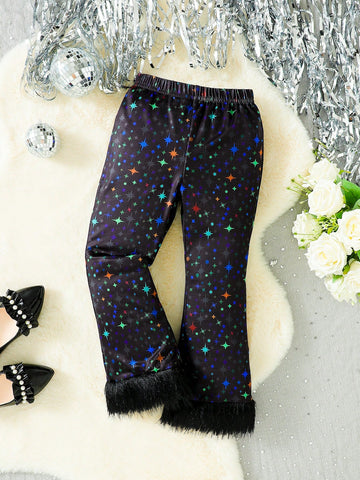 Young Girl Star Print Contrast Fuzzy Hem Flare Leg Pants