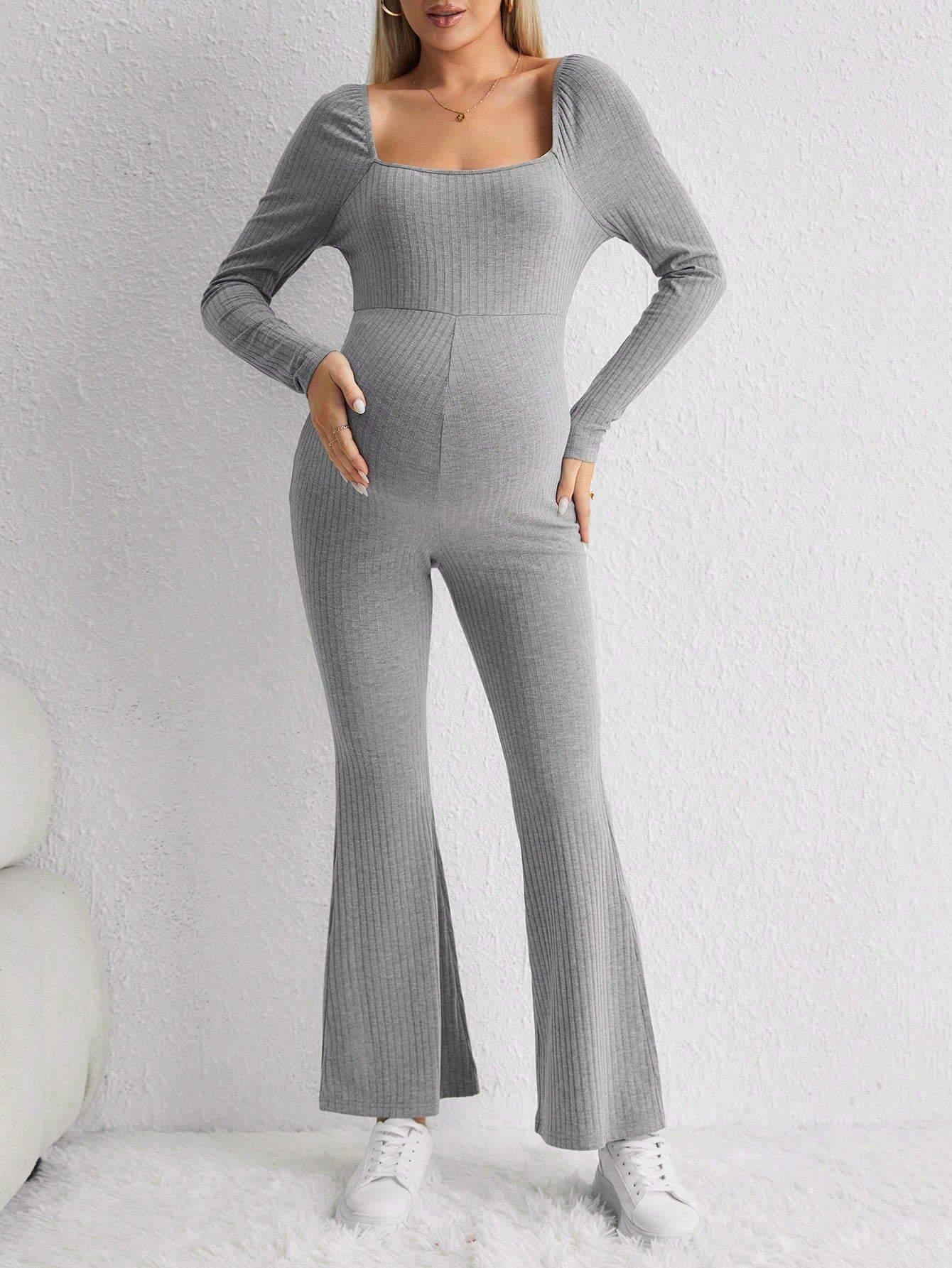 Maternity Square Neck Flare Leg Jumpsuit