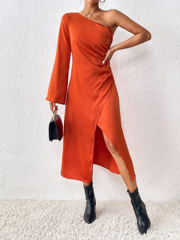 One Shoulder Trumpet Sleeve Wrap Hem Dress