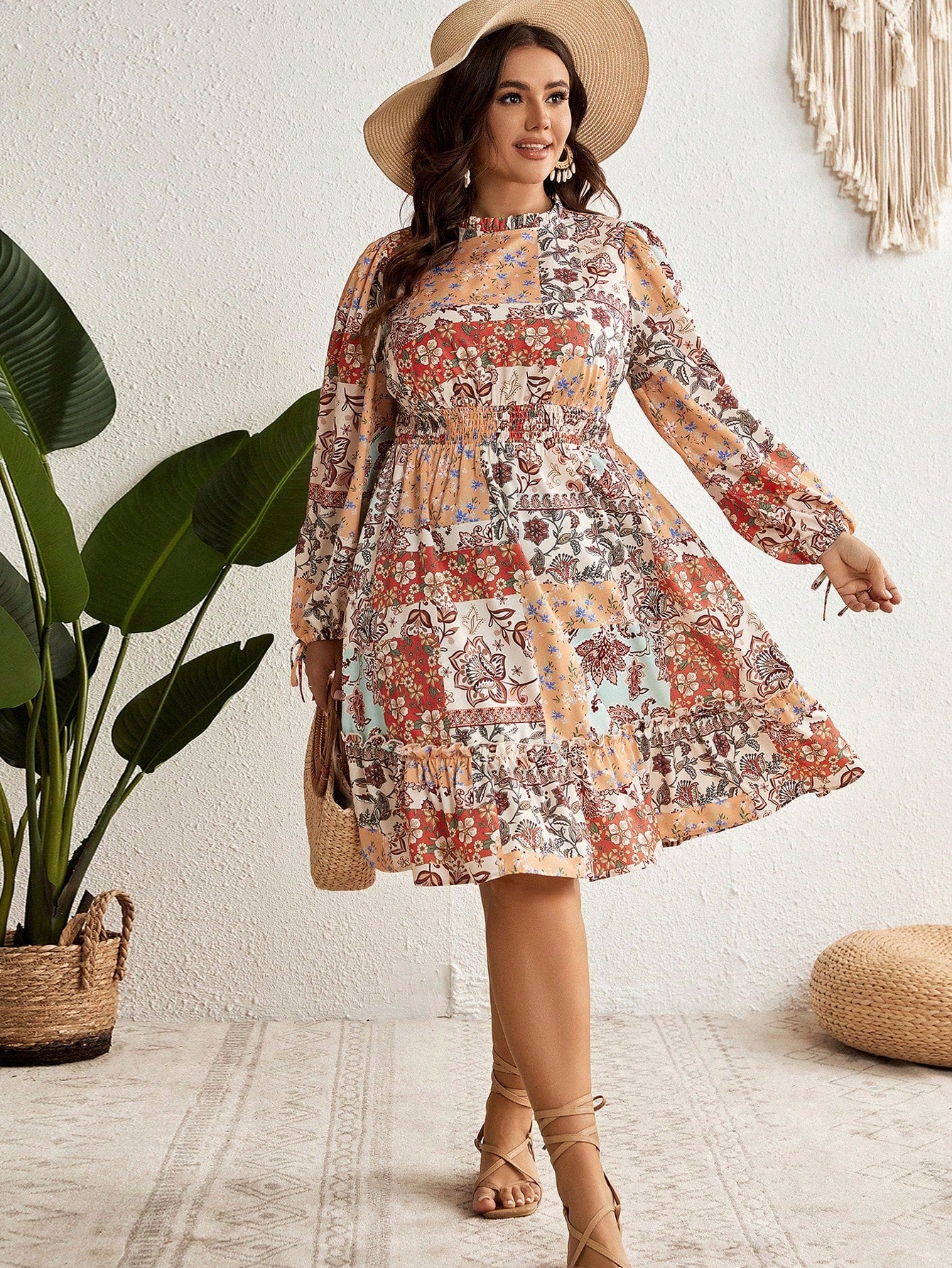 Plus Patchwork Print Lantern Sleeve Ruffle Hem Dress