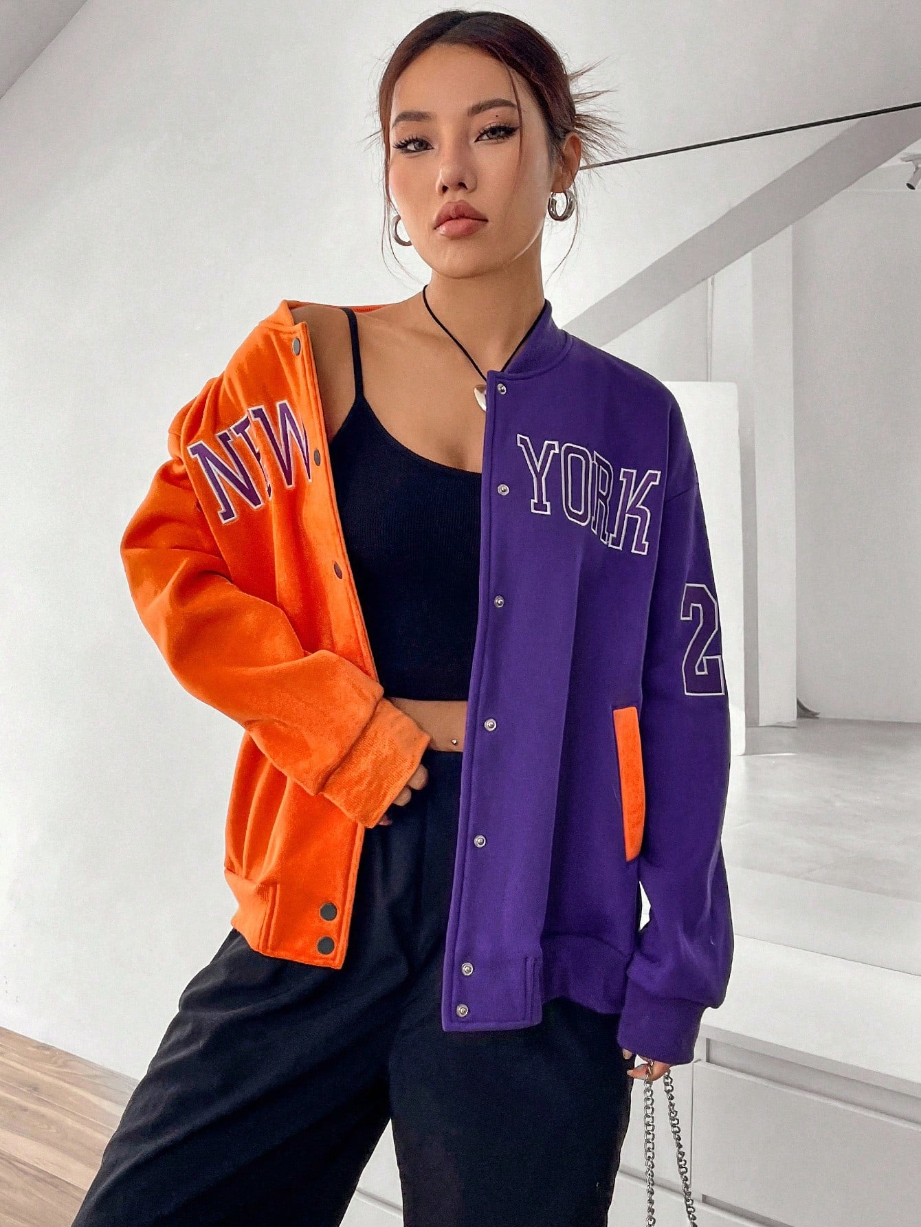 Letter Graphic Two Tone Drop Shoulder Bomber Jacket