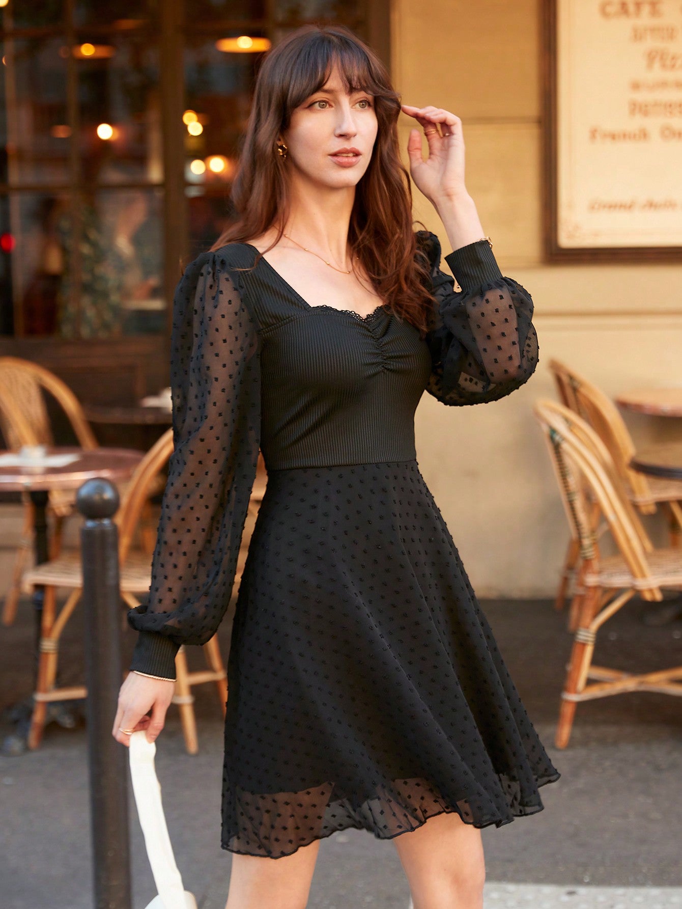 Sweetheart Neck Ruched Front Swiss Dot Dress