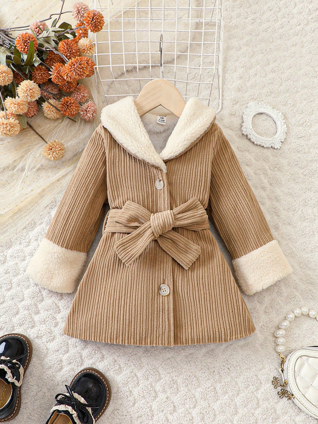 Baby Girl Borg Collar Belted Coat