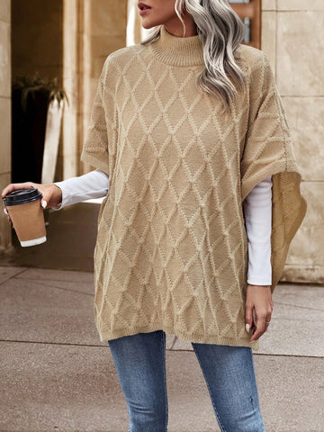 1pc Mock Neck Batwing Sleeve Poncho Sweater