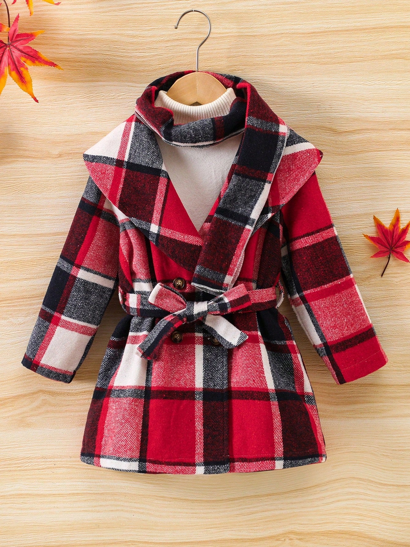 Young Girl 1pc Plaid Print Belted Overcoat & 1pc Scarf