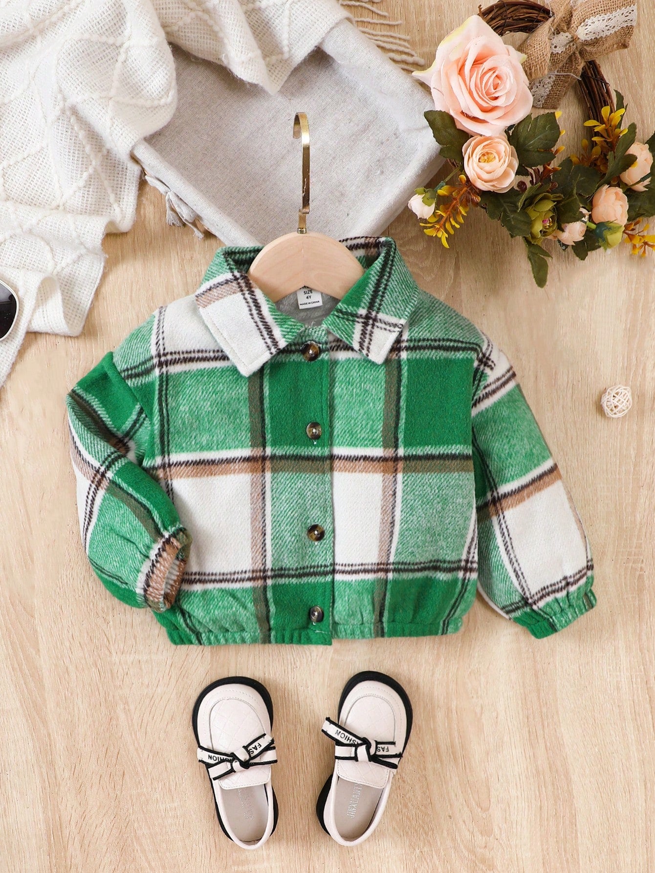 Young Girl Plaid Print Drop Shoulder Jacket