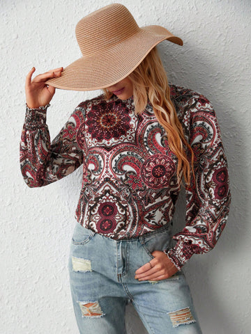 Paisley Printed Shirt With Ruffle Stand Collar