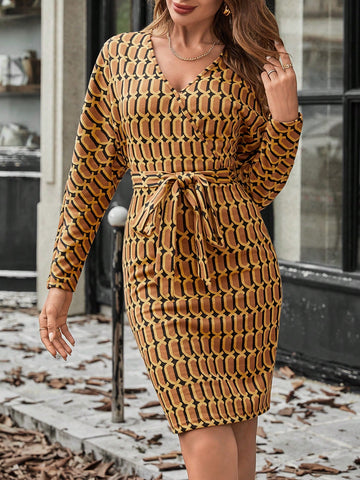 Allover Print Batwing Sleeve Belted Dress