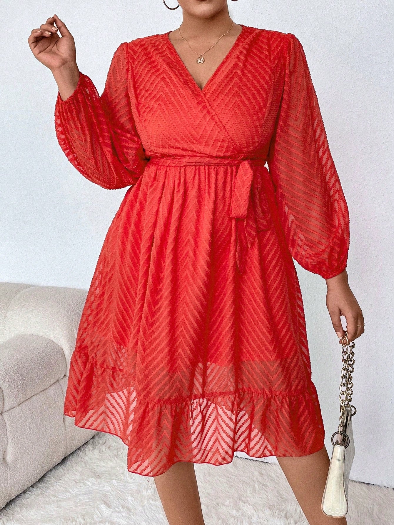 Plus Chevron Jacquard Lantern Sleeve Ruffle Hem Belted Dress