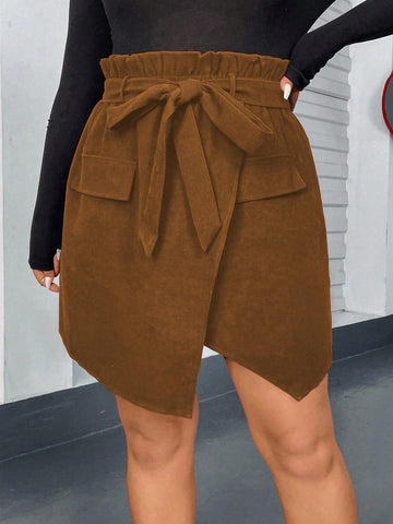 Plus Paperbag Waist Belted Asymmetrical Hem Skirt