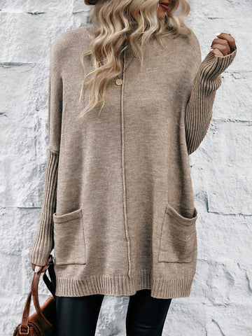 Dual Pocket Batwing Sleeve Pocket Patched Sweater