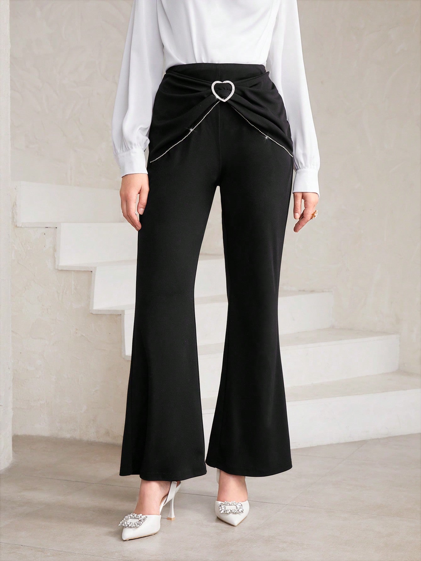 Rhinestone Heart Ring Linked Ruched Front Flare Leg Pants