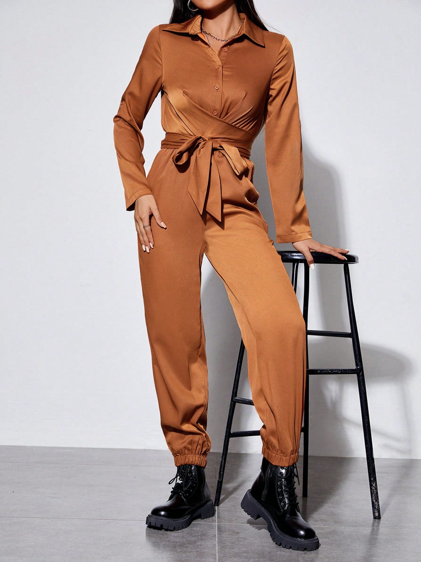 Solid Tie Front Shirt Jumpsuit