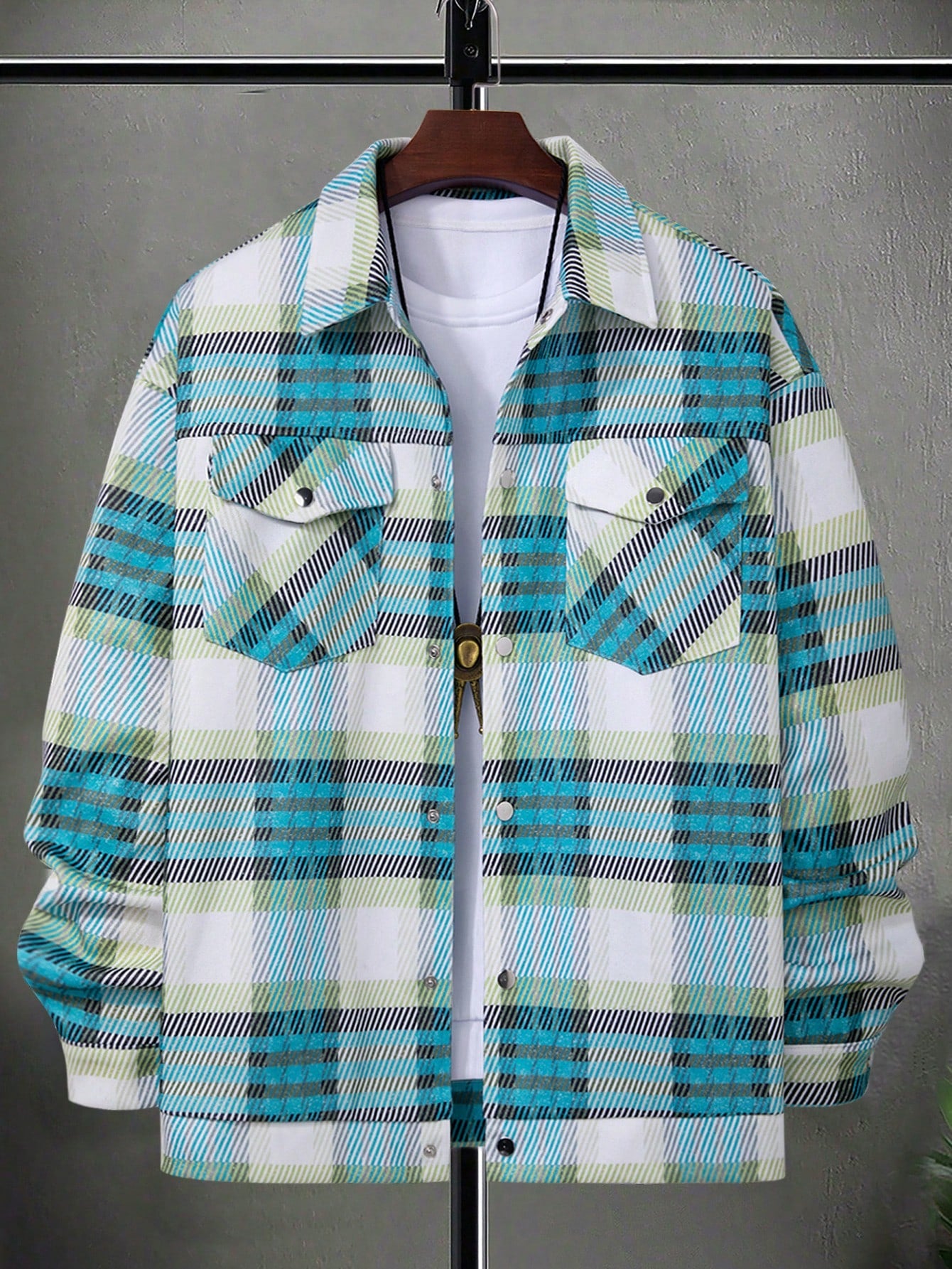 Men's Loose Fit Plaid Printed Coat With Flap Pockets, Tee Not Included