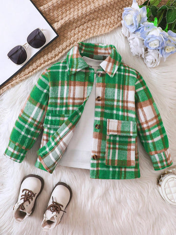 Young Girl Plaid Print Flap Pocket Overcoat for Christmas