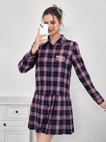 Plaid and Letter Graphic Pleated Hem Smock Dress