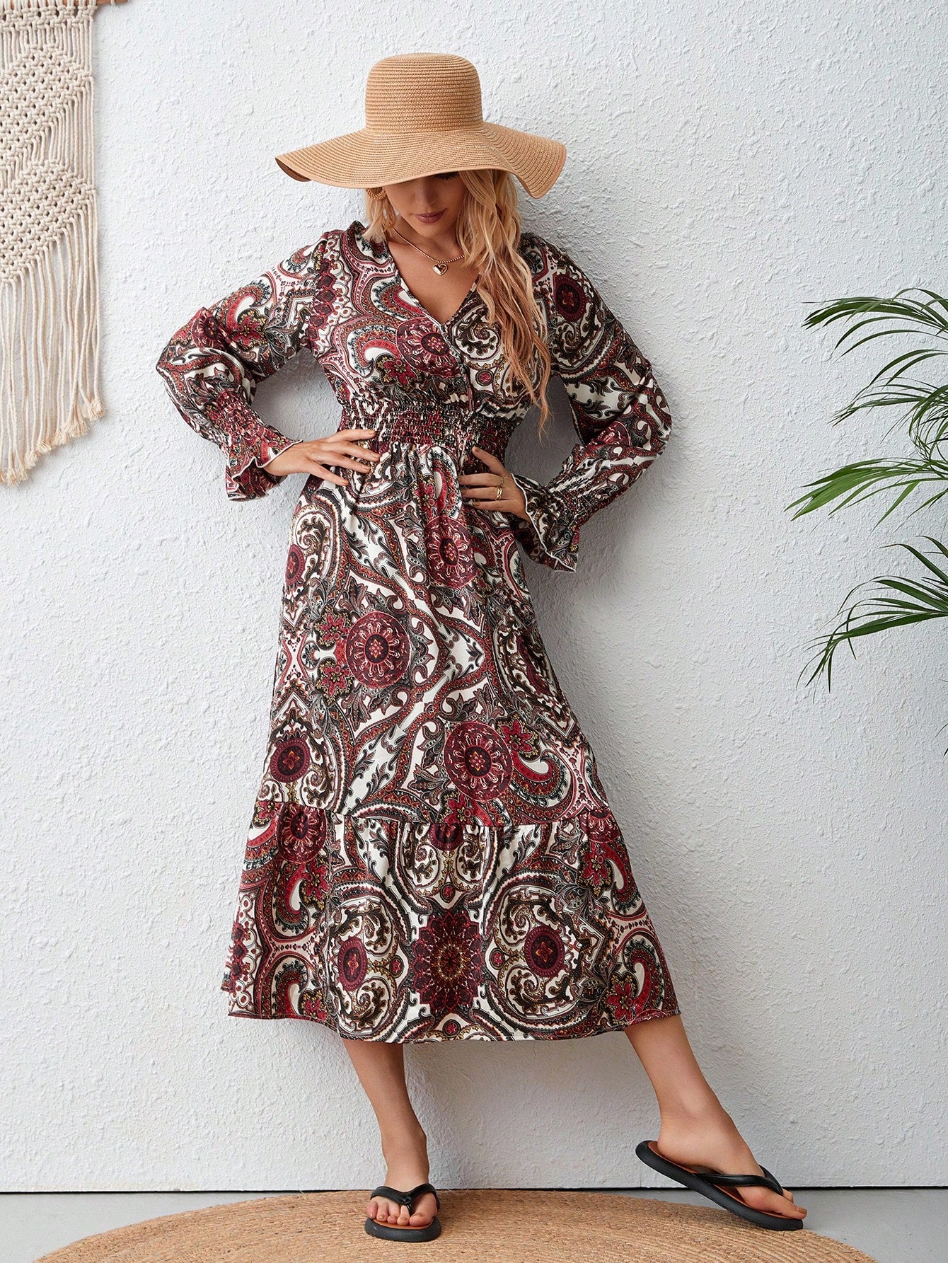 Paisley Print Flounce Sleeve Ruffle Hem Dress