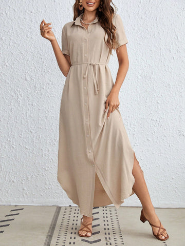 Curved Hem Belted Shirt Dress