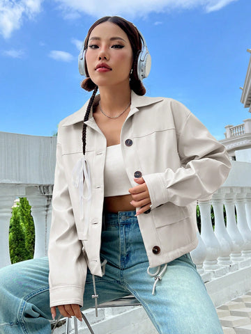 Drop Shoulder Drawstring Hem PU Leather Jacket