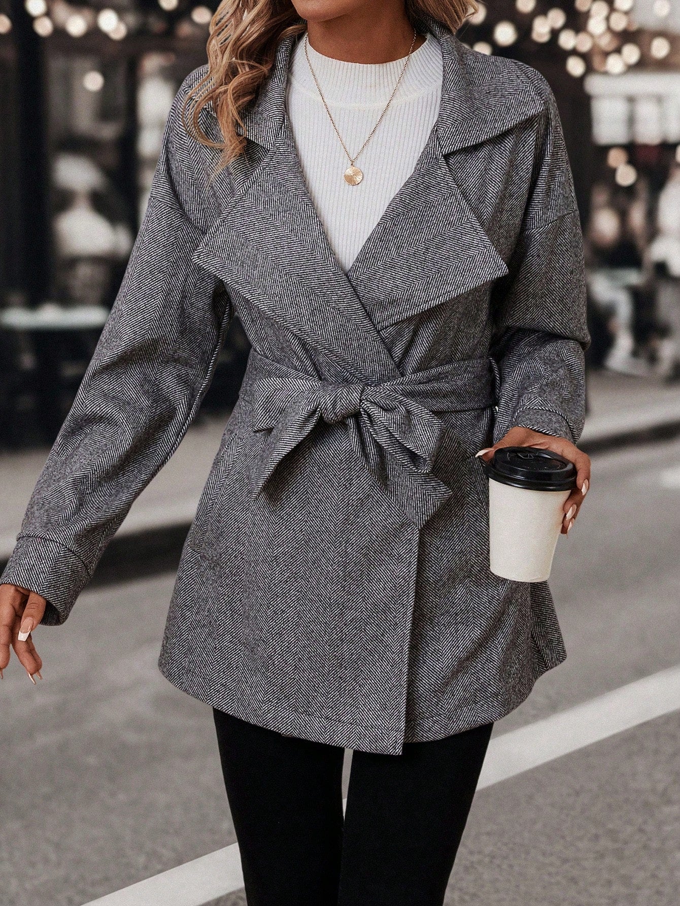 Lapel Neck Drop Shoulder Belted Overcoat