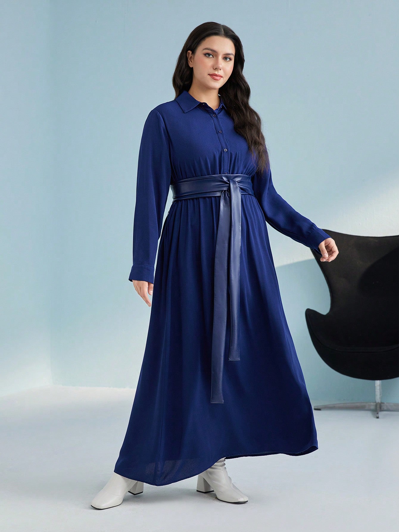 Plus Half Button Belted Shirt Dress