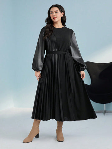 Plus Lantern Sleeve Belted PU Leather Dress