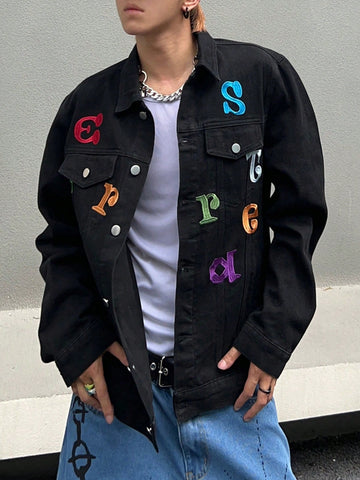 Men Letter Graphic Flap Pocket Denim Jacket