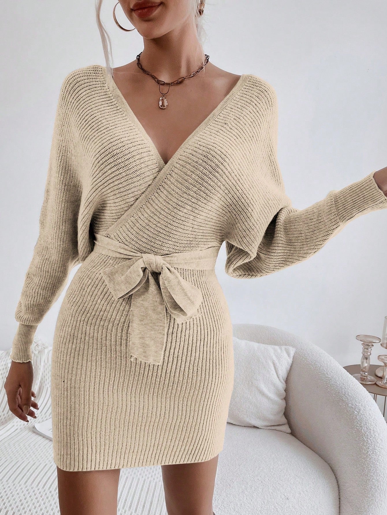 Solid Wrap Batwing Sleeve Belted Sweater Dress